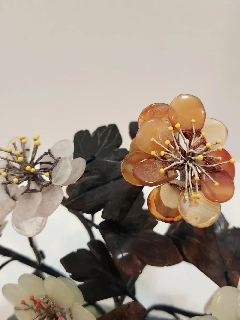 Vintage Chinese Flowering Bonsai Tree Carved Semi Precious Stones